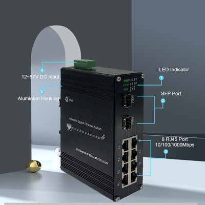 Industrial Gigabit Ethernet Switch 8 Port 10 / 100 / 1000 Base-T 2 Port 1000BASE-X