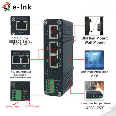 12VDC Output Industrial IEEE802.3af/at PoE Splitter with 2 Ports PoE Switch Function